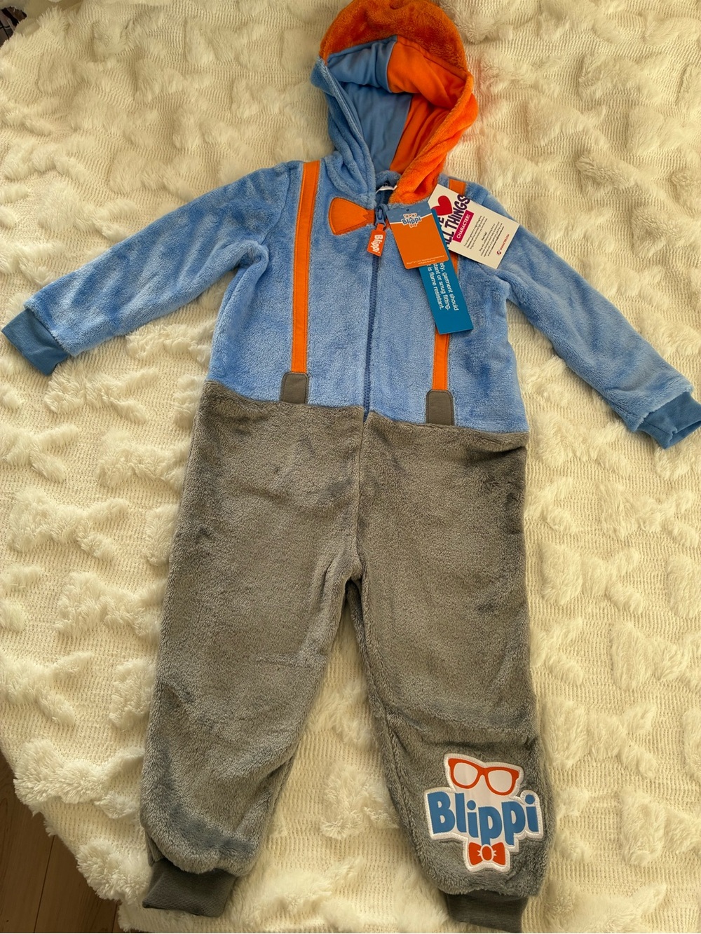Blue & Gray Plush Hooded One-Piece with Orange Accents 3 T Brand New